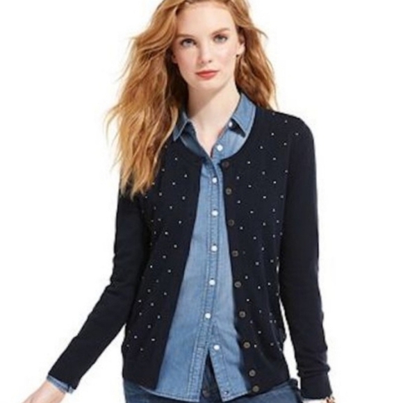 NWT Tommy Hilfiger Navy Blue Cardigan Sweater White Polka Dot Embroidered Sz XL - Picture 1 of 11